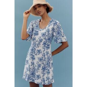 New ANTHROPOLOGIE Porridge Short-Sleeve Crew-Neck Linen Printed Mini Dress $148